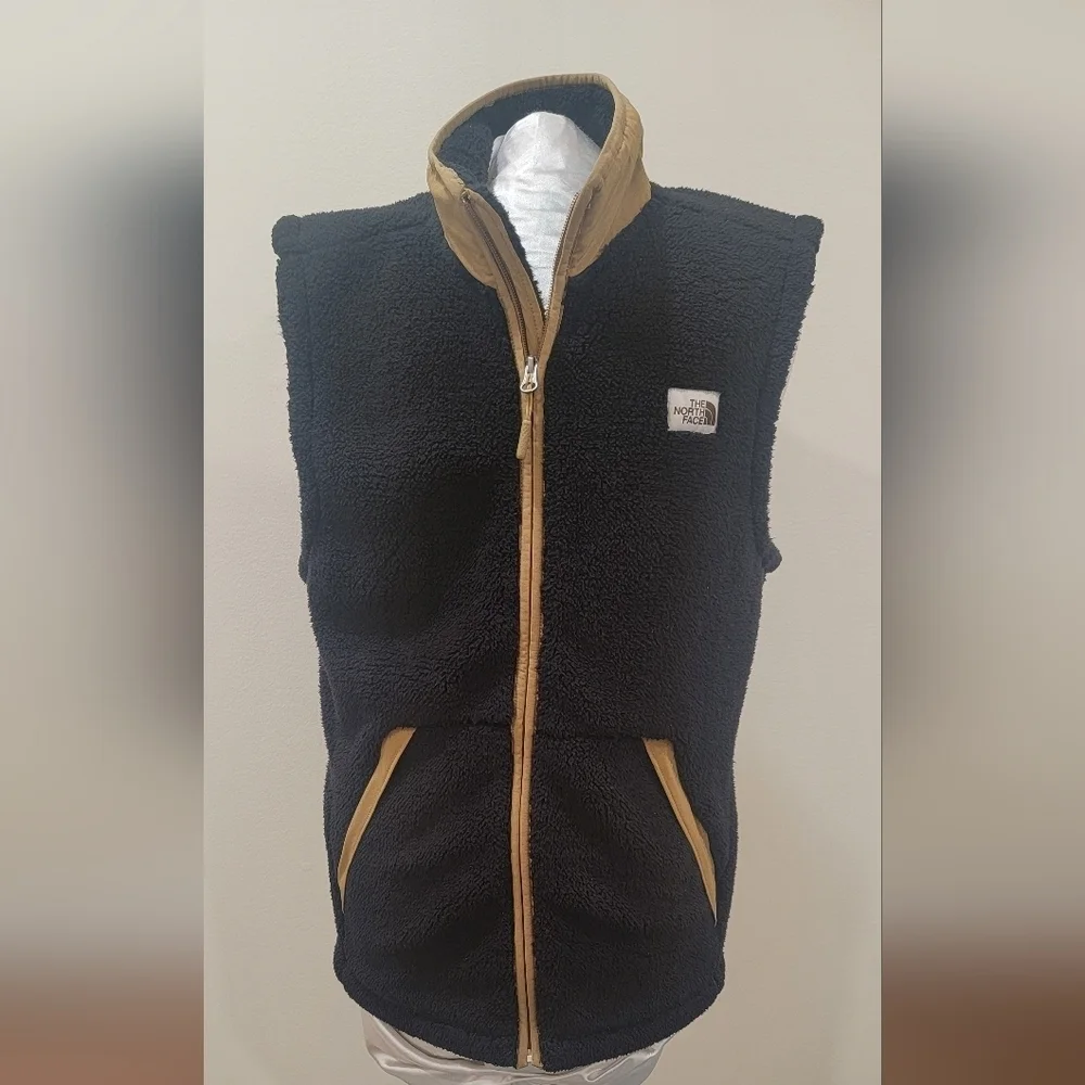 MEN'S THE NORTH FACE BLACK FLEECE VEST WITH TAN TRIM (sz Small)